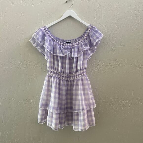 Majorelle $178 Purple gingham Off Shoulder Ruffle Mini Dress - Picture 5 of 6
